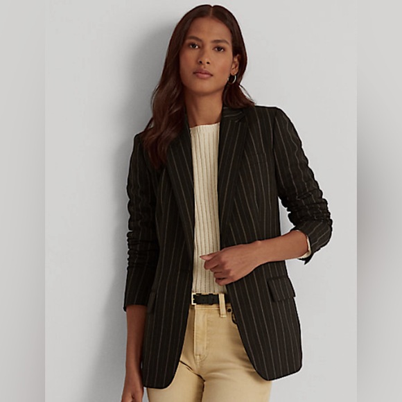 Ralph Lauren Jackets & Blazers - Ralph Lauren Women’s Striped Wool-Blend‎ Crepe Blazer Black Tan Size 10 NWT $325